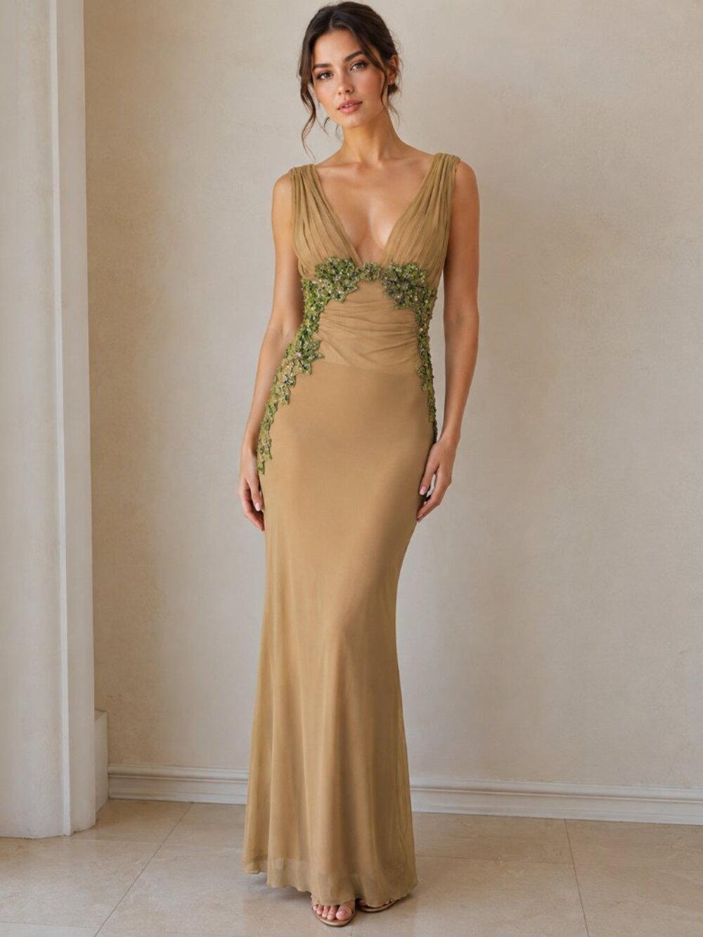 Y2K Vintage Mandalay Evening Gown Green Silk Beaded Sequin Plunging Low Cut 4 - Picture 14 of 14